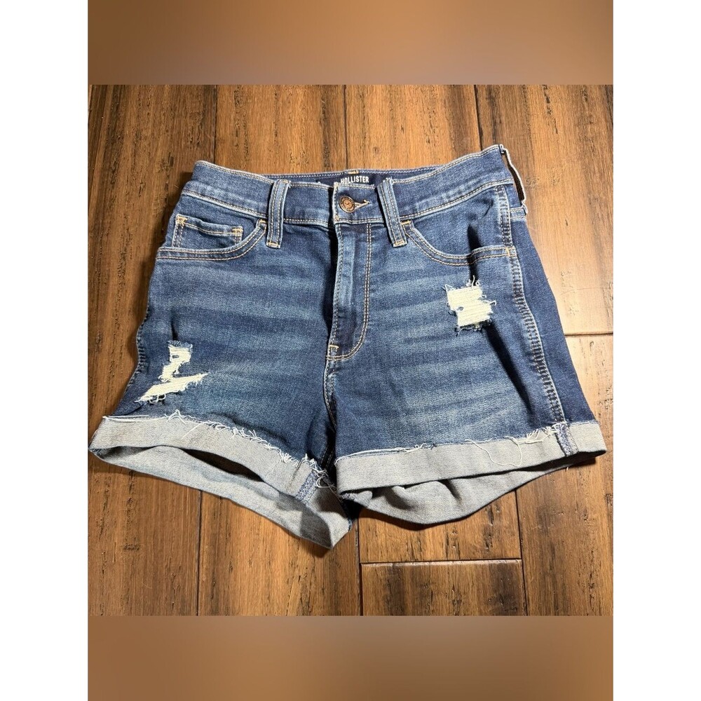 Hollister Dark Blue Distressed Cuffed Denim Shorts Size 2; size 26